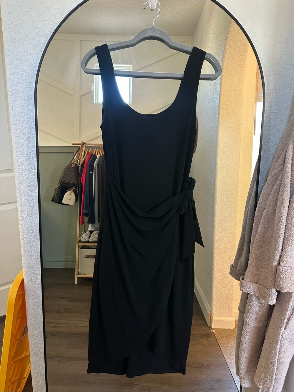 Express Black Sleeveless Midi Dress with Side Tie Drape